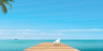 cane su di legno molo a mare con blu cielo sfondo illustrazione. in viaggio con animale domestico per il tropicale blu mare concetto avere vuoto spazio. vettore