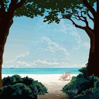 silhouette albero con cespuglio primo piano avere il spiaggia, sedia e tropicale blu mare piazza sfondo grafico illustrato. vacanza in viaggio concetto piatto design. vettore