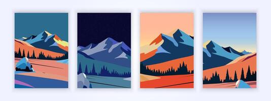 copertina natura paesaggio semplice design sfondo di montagne con alberi, illustrazione vettore