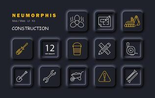 costruzione impostato icona. attrezzatura, numerazione, fan, pesante attrezzatura, pala, chiodo, matita, governate, avvertimento cartello, Cacciavite, chiave inglese. costruzione attrezzatura concetto. linea icona. vettore