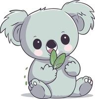carino cartone animato koala con un' verde foglia. vettore