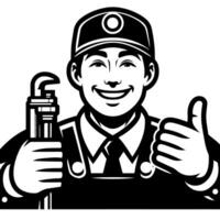 nero e bianca silhouette di un' idraulico Tenere pollici su e sorridente viso vettore