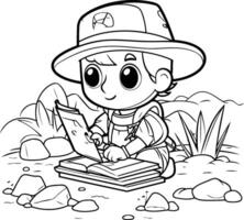 colorazione pagina schema di un' ragazzo lettura un' libro nel natura vettore