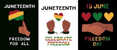 juneteenth manifesti impostato con diversità mani e africano tradizionale colori. piatto mano disegnato illustrazioni con testo la libertà giorno e giugno. verticale cartelli, bandiera per sociale media vettore