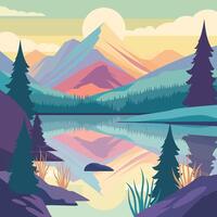 colorato natura Visualizza di fiume montagna con pino albero nel foresta e sole a Alba vettore