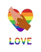 orgoglio mese festeggiare manifesto supporto lgbtqia Comunità. piatto mano disegnato illustrazione con arcobaleno cuore e coppia di amorevole mani. testo amore nel arcobaleno colori. tranquillo, calmo e uguaglianza concetto vettore