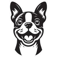 cane logo - un' eccitato boston terrier cane viso illustrazione nel nero e bianca vettore