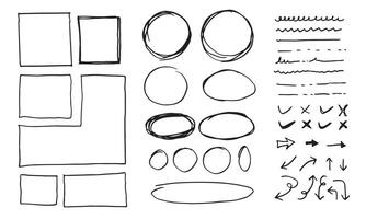 scarabocchio Linee e curve.mano disegnato dai un'occhiata e frecce segni. impostato di semplice scarabocchio linee, curve, montatura e macchie. collezione di matita effetti. scarabocchio confine. semplice scarabocchio impostare. vettore