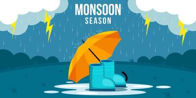 monsone stagione paesaggio con ombrello e stivali illustrazione vettore