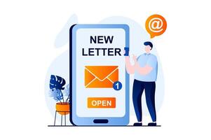 e-mail servizio concetto con persone scena nel piatto cartone animato design. uomo riceve nuovo lettera su mobile Telefono app, in linea corrispondenza o pubblicità mailing. illustrazione visivo storia per ragnatela vettore