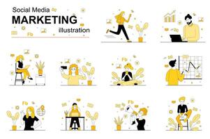 sociale media marketing concetto con persone scena impostare. uomini e donne ricerca mercato, rendere pubblicità campagna, attirare clienti, promuovere attività commerciale in linea. illustrazione nel piatto design per ragnatela vettore