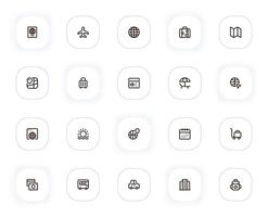 viaggio linea icone impostare. passaporto, aereo, globo, valigia, carta geografica, biglietto, Hotel e altro pulsanti. schema pittogrammi per ragnatela e ui, UX mobile App design. modificabile ictus. 24x24 pixel Perfetto. vettore