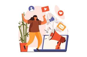 sociale media marketing ragnatela concetto nel piatto design. donna utilizzando computer portatile, navigazione digitale soddisfare e segue pubblicità megafono. pubblicità e promozione. illustrazione con persone scena vettore