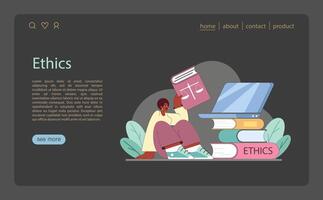 etica studia concetto. un' persona assorto nel letteratura su etica, accanto un' il computer portatile e impilati libri. vettore