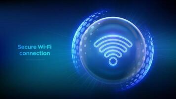 Wi-Fi Rete icona dentro trasparente protezione sfera scudo con esagono modello su blu sfondo. sicuro wi fi senza fili Rete connessione. informatica sicurezza. Wi-Fi crittografia. illustrazione. vettore