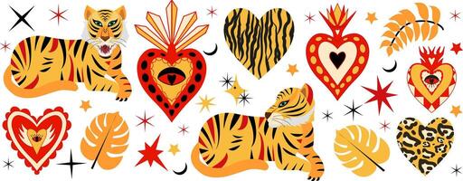 tigre e sacro cuore, celeste mistica impostare. retrò stile cuori con tigre e leopardo Stampa. animale mistico collezione. contemporaneo boemo stile. illustrazione. vettore