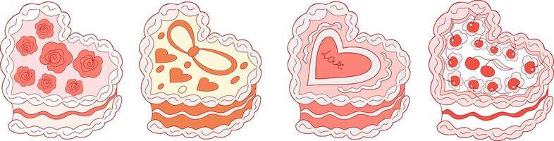 carino cuore sagomato torta impostato con ciliegia. torte collezione civetta. un' dolce dolce nel il stile di y2k. illustrazione vettore