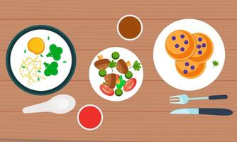 cenare tavolo con piatti nel superiore Visualizza. ristorante asiatico cucina vettore