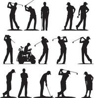 golf giocatore silhouette nel diverso pose e atteggiamenti semplice minimo nero colore silhouette vettore