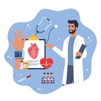 medico visita medica e cardiologia verifica. tonometro. misurazione alto sangue pressione, test tubi, siringa, paziente medico carta, farmaci, siringa, cuore. vettore