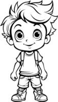 carino cartone animato ragazzo con zaino - nero e bianca cartone animato illustrazione. vettore