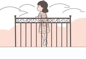 illustrazione di un' poco ragazza in piedi su il balcone nel il mattina vettore