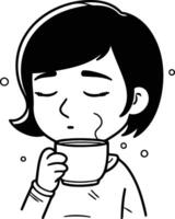illustrazione di un' ragazza potabile un' tazza di caldo tè o caffè vettore