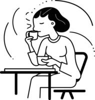 illustrazione di un' donna seduta a un' tavolo e potabile caffè. vettore