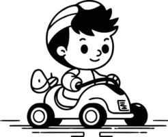 carino ragazzo guida un' giocattolo auto nel piatto stile. vettore