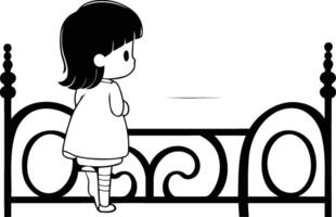 illustrazione di un' poco ragazza in piedi su il balcone e guardare a il mare vettore