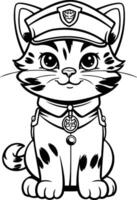 nero e bianca cartone animato illustrazione di carino gatto polizia ufficiale personaggio colorazione libro vettore