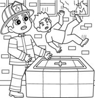 pompiere Salvataggio il ragazzo colorazione pagina per bambini vettore