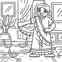 Diwali bambino mettendo su un' saree colorazione pagina vettore