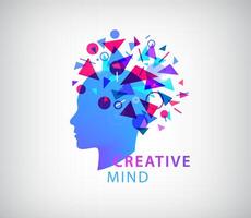 creativo mente, umano testa logo concetto illustrazione. apprendimento icona. innovazione tecnologia simbolo. digitale moderno comunicazione. gestore. psicologia, psicoterapia vettore