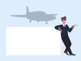 un pilota che era appoggiato a un muro in aeroporto sullo sfondo dell'aereo che sarebbe atterrato illustrazione di design piatto vettore