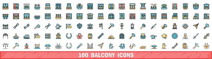 100 balcone icone impostare, colore linea stile vettore