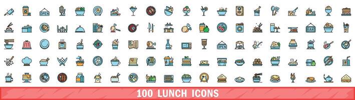 100 pranzo icone impostare, colore linea stile vettore