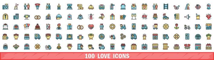 100 amore icone impostare, colore linea stile vettore