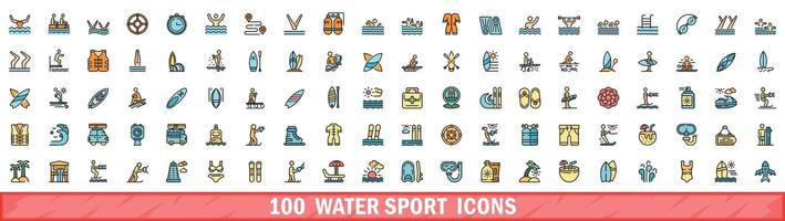 100 acqua sport icone impostare, colore linea stile vettore