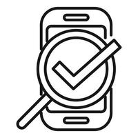 linea arte icona raffigurante mobile Telefono qualità controllo con un' dai un'occhiata marchio e ingrandimento bicchiere vettore