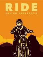 poster design guida moto personalizzata con uomo in sella a una moto illustrazione vintage vettore