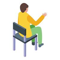 isometrico persona seduta nel sedia Esprimere a gesti vettore