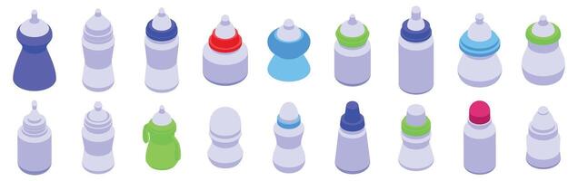 alimentazione bottiglia icona. un' collezione di bambino bottiglie nel vario colori e dimensioni vettore