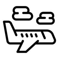 semplice nero linea icona di un aereo con nuvole, isolato su un' bianca sfondo vettore