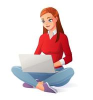 giovane donna seduta sul pavimento che lavora con il computer portatile. illustrazione di vettore di stile del fumetto isolato su priorità bassa bianca.