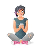 ragazza teenager sorridente sveglia che comunica o che manda un sms con il suo smartphone. fumetto illustrazione vettoriale isolato su sfondo bianco.