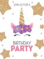 invito alla festa di compleanno con unicorno carino e fiore. illustrazione vettoriale
