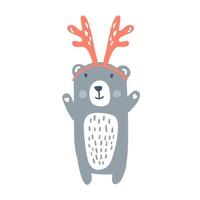 vettore disegnato a mano natale simpatico orso scandinavo con corna di cervo. illustrazione per t-shirt per la scuola materna, abbigliamento per bambini, tessuto, invito. design semplice per bambini