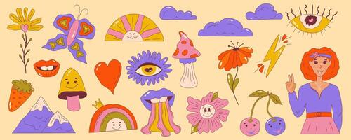 psichedelico Groovy impostato con ragazza di retrò 70s elementi. cartone animato margherita fiori, sole e arcobaleno con corona funghi, labbra clipart. positivo Groovy mano drdawn isolato simboli con occhio vettore