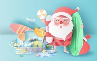 estate Natale stagione con valigia concetto.santa Claus Sorridi indossare spiaggia completo da uomo viaggio nuoto decorazione.vacanza e vacanza per attrezzatura giocando relax.grafica carta tagliare e mestiere style.vector vettore